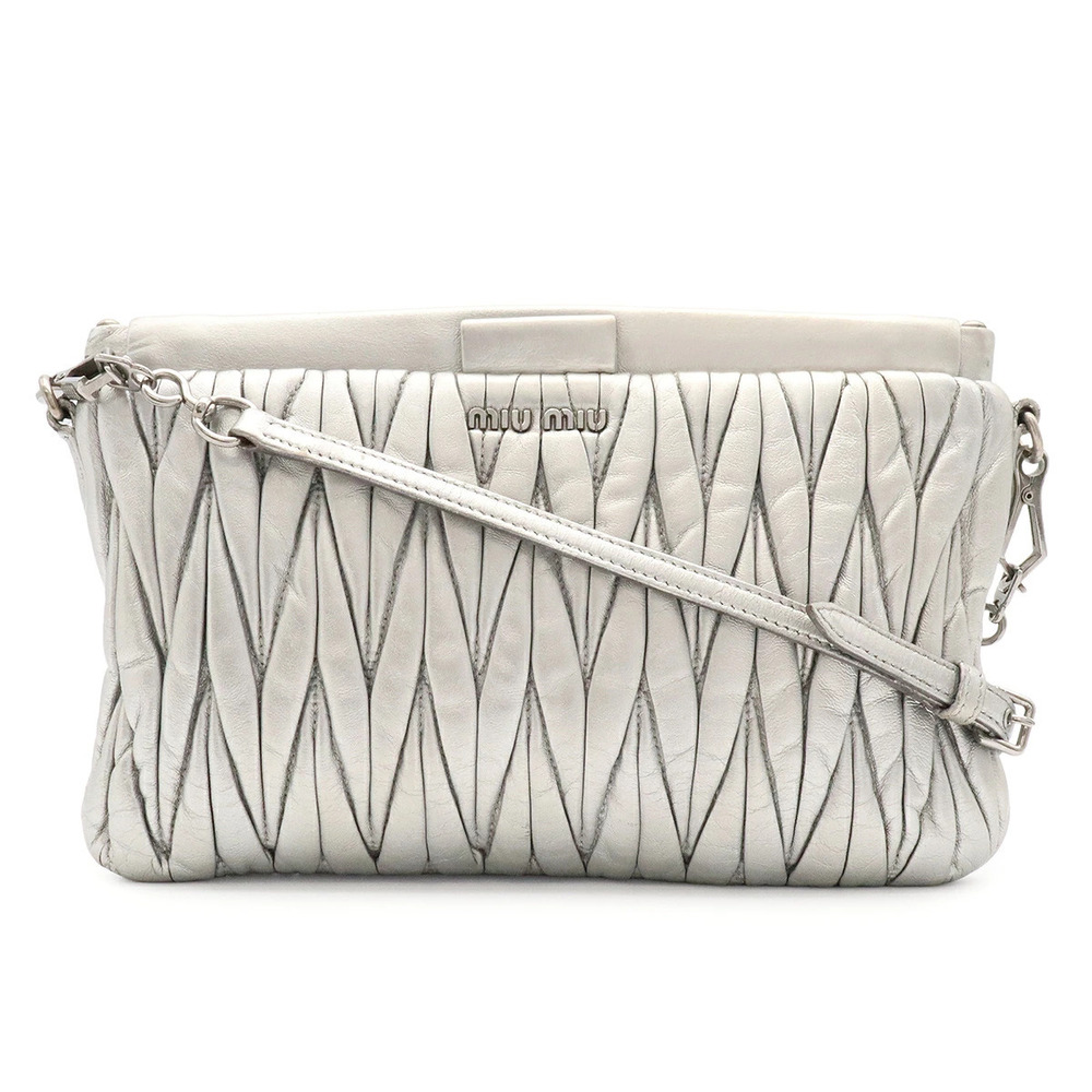 Miu Miu Matelasse Gathered Crossbody Bag Clutch Metallic Leather Silver